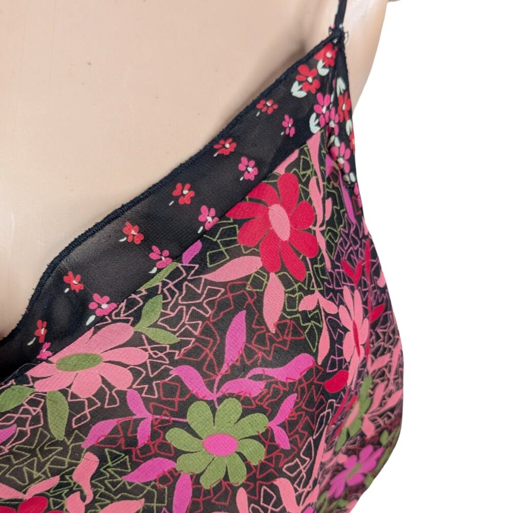 Vintage Y2K Josie Natori Sheer Chiffon Cami L Black Pink Floral Whimsigoth Top - Picture 3 of 8